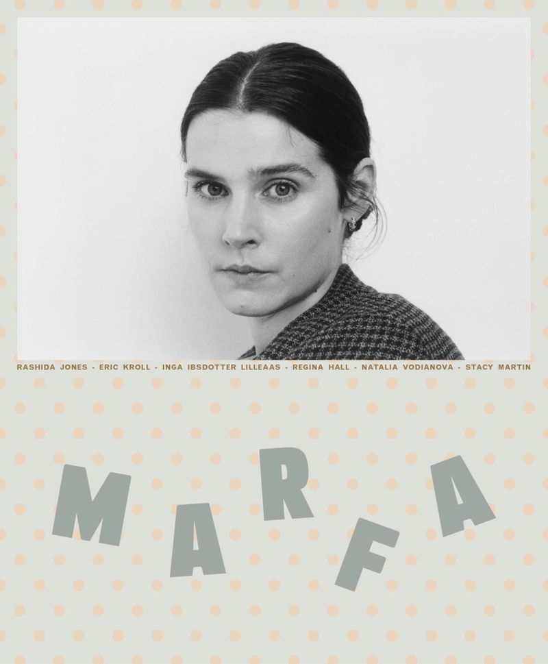 Monochrome portrait of a woman in a textured coat against a white wall with bold gray lettering below on a pale patterned background