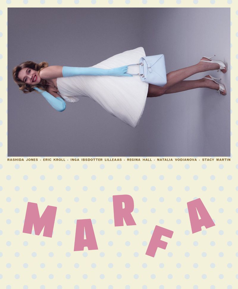 Natalia Vodianova posing horizontally in a white dress, light blue opera gloves, and heels on a MARFA magazine cover.
