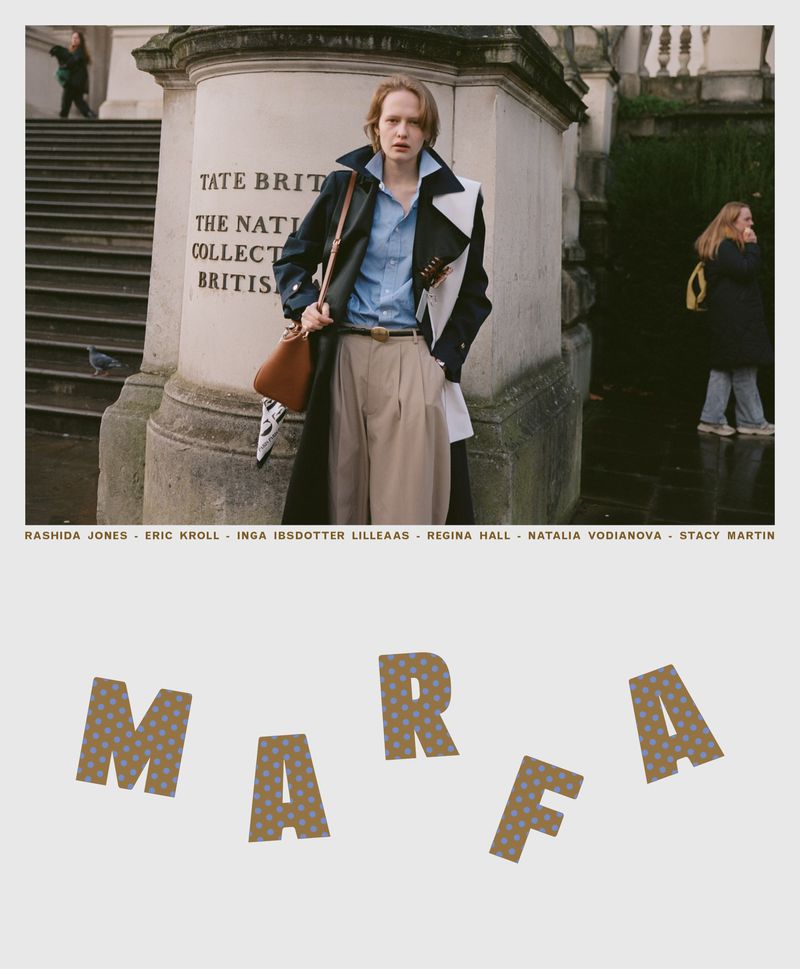 MARFA magazine cover featuring a model in a trench coat and beige trousers standing outside Tate Britain in London.
