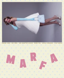 Natalia Vodianova posing horizontally in a white dress, light blue opera gloves, and heels on a MARFA magazine cover.