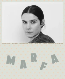 Monochrome portrait of a woman in a textured coat against a white wall with bold gray lettering below on a pale patterned background