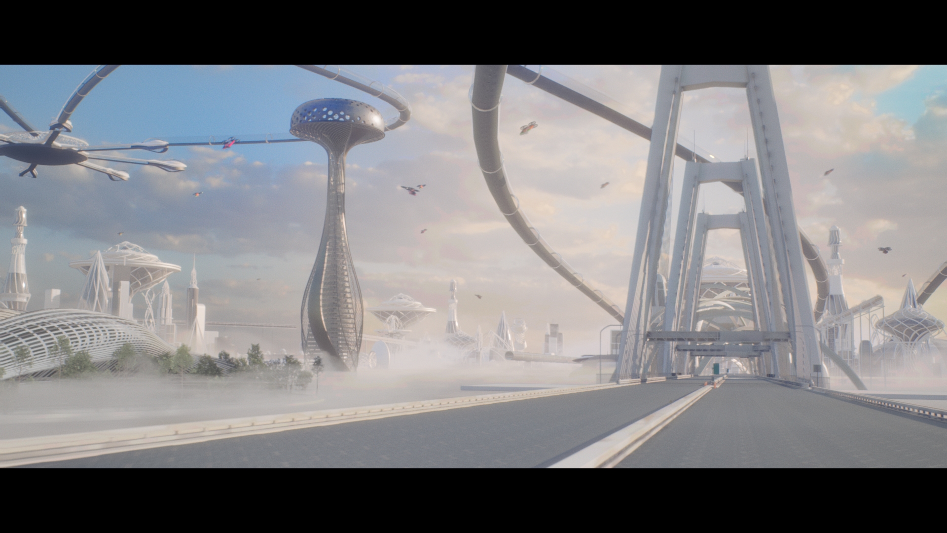Futuristic city with towering buildings and elevated transit tubes, showcasing advanced urban planning and architectural innovation.