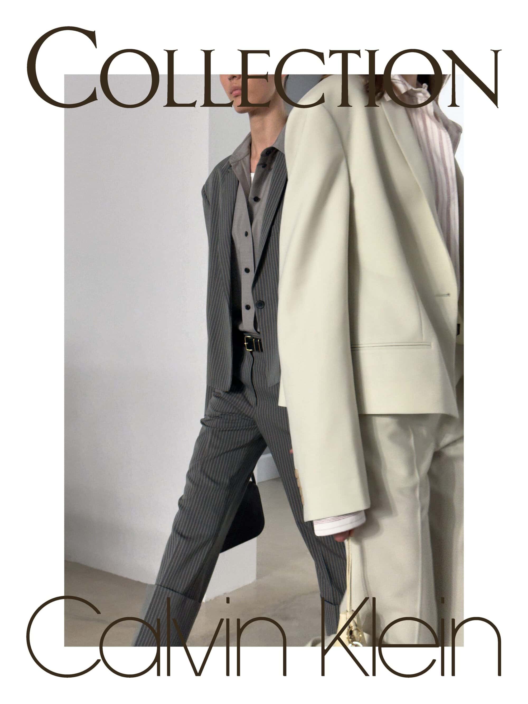 Models wearing a cream tailored blazer and a grey pinstripe suit for the Calvin Klein Collection campaign.