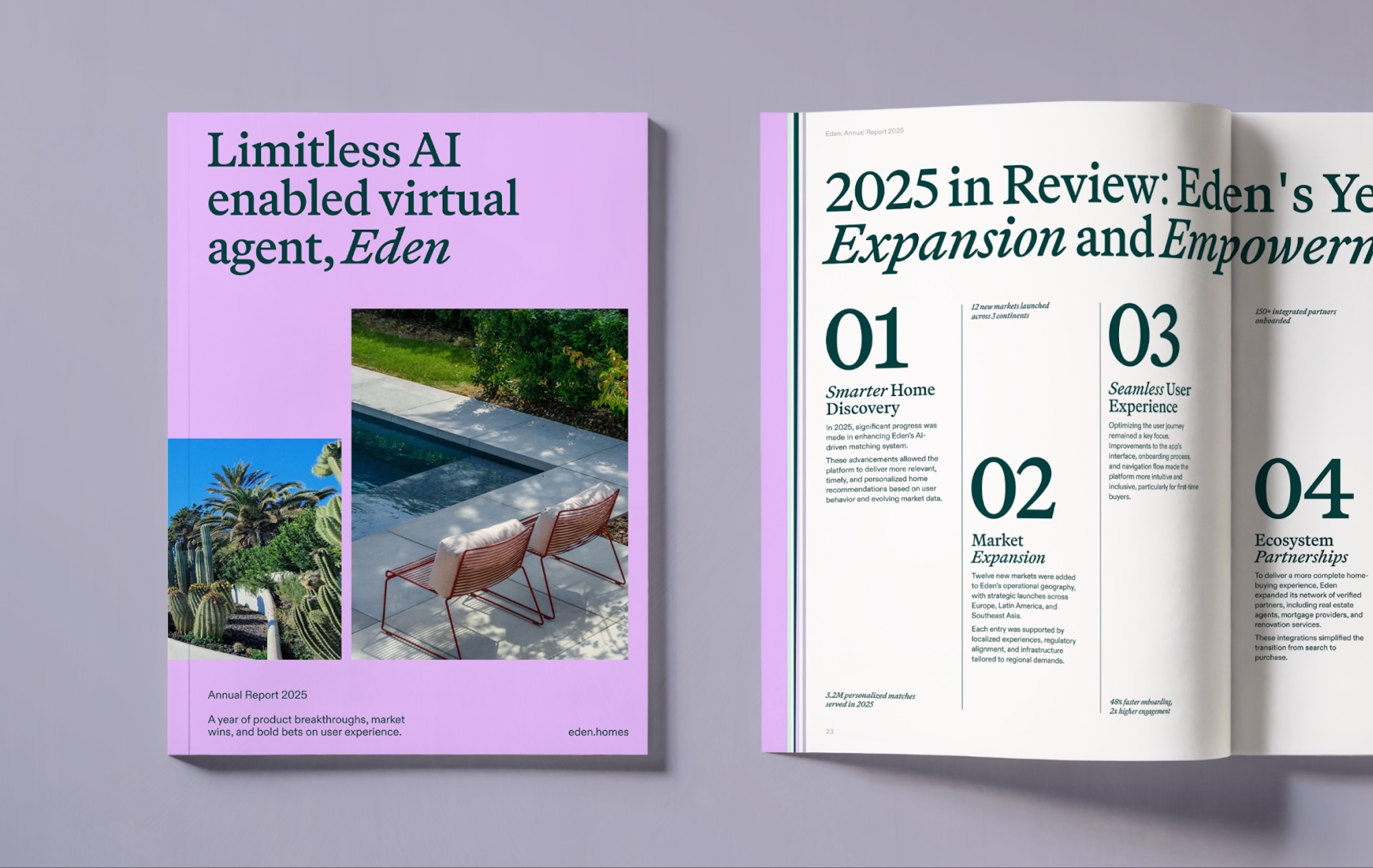 Print booklet mockup displaying a lavender cover and open spread for the Eden 2025 annual report on a light purple surface.