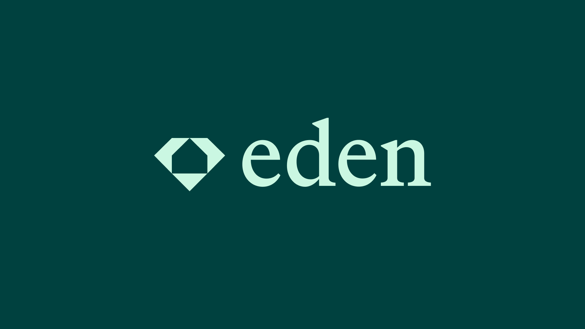 Eden brand logotype and geometric diamond emblem in pale mint green centered on a dark teal background.