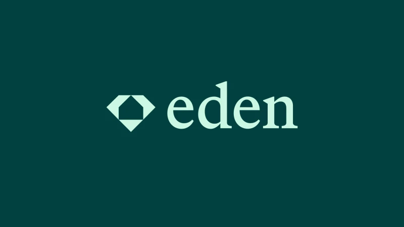 Eden brand logotype and geometric diamond emblem in pale mint green centered on a dark teal background.