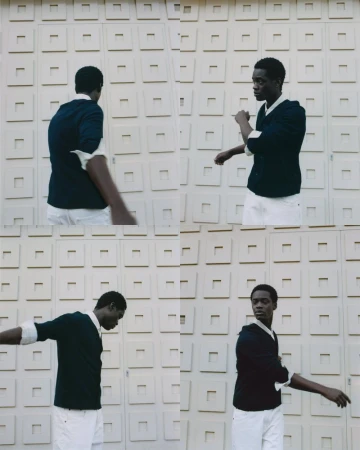 Four-panel grid of a Black man posing dynamically in a dark knit sweater and white trousers against a geometric beige wall.