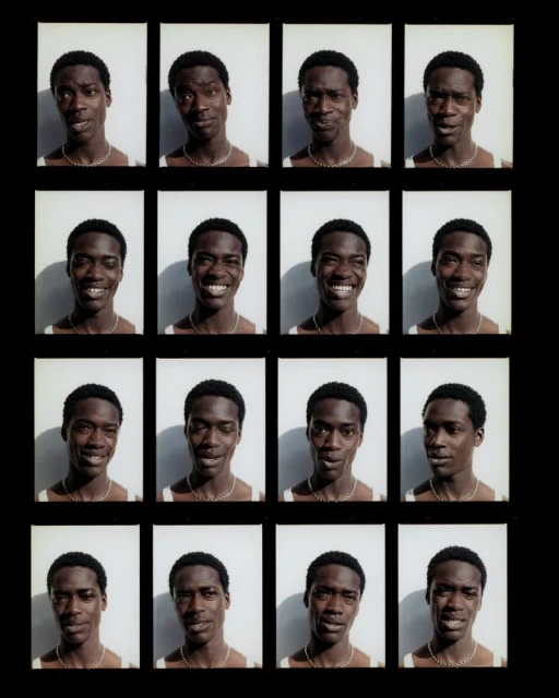 Contact sheet grid of sixteen portrait frames showing a Black man with varying facial expressions against a white studio background.