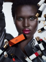 Amar Akway wearing bold berry lipstick and a black leather jacket surrounded by floating Rouge Hermès lipsticks against a white background.