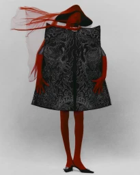 Model Alek Wek in a wide structured black coat, red gloves, and red veil by Rafael Pavarotti for Acne Paper