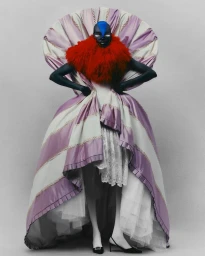 Model Alek Wek wearing a sculptural purple and white gown with a large fan collar and red fluffy ruff against a grey seamless background