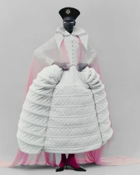 Alek Wek in an avant-garde white quilted pannier skirt, sheer pink cape, and black jeweled hat against a light grey seamless backdrop.