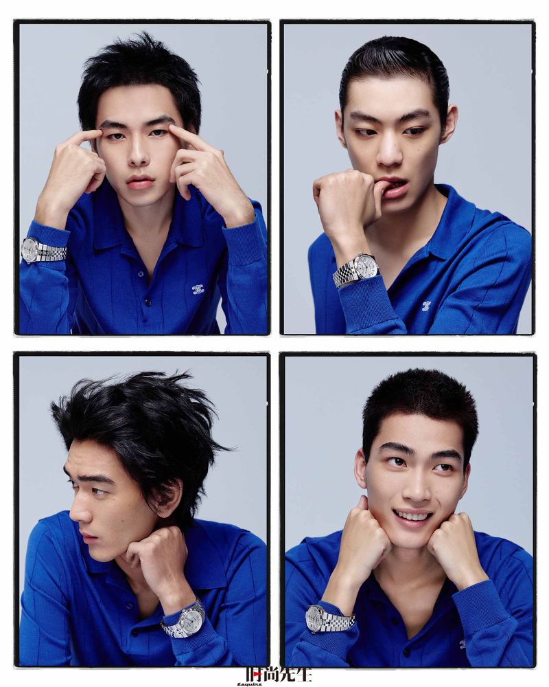 Four-panel portrait of models wearing blue polo shirts and silver wristwatches against a light background for Esquire China