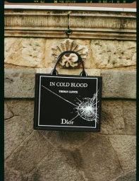 Black Dior tote bag with 'In Cold Blood' graphic text hanging against a rustic carved stone wall.