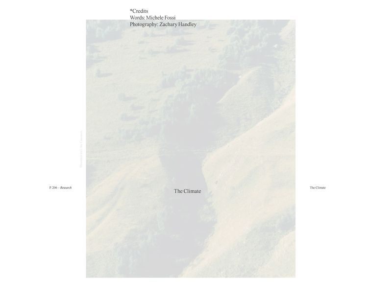 Editorial book page spread titled The Climate with overlaid landscape photography and credits by Michele Fossi and Zachary Handley.