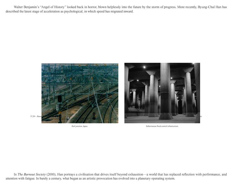 Editorial book spread featuring essay text alongside photographs of a Japanese rail junction and subterranean flood control infrastructure.