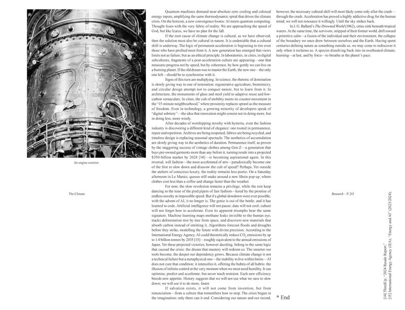 Editorial magazine spread featuring a black-and-white photograph of a jet engine exterior beside printed typography columns.