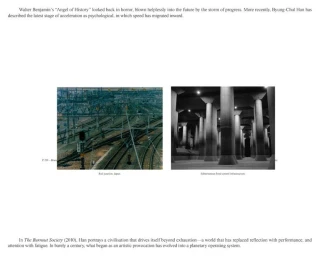 Editorial book spread featuring essay text alongside photographs of a Japanese rail junction and subterranean flood control infrastructure.