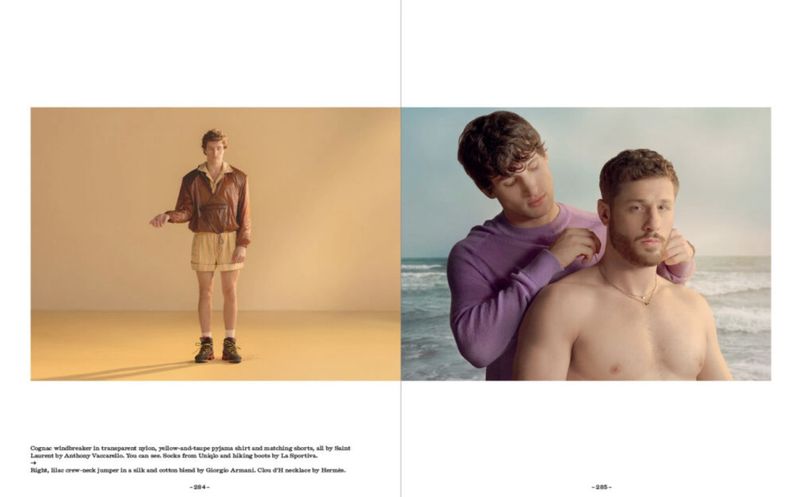 Editorial spread with two panels showing men's fashion and portraiture against studio and seaside backdrops.
