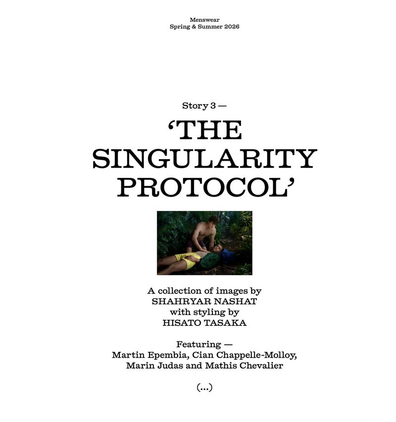 Title page for The Singularity Protocol in Fantastic Man with serif typography and a central photo thumbnail on a white page.