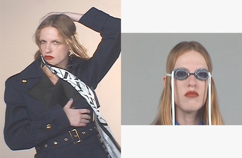 Diptych portrait of Audrey Hobert wearing a dark belted trench coat on the left and swimming goggles on the right.