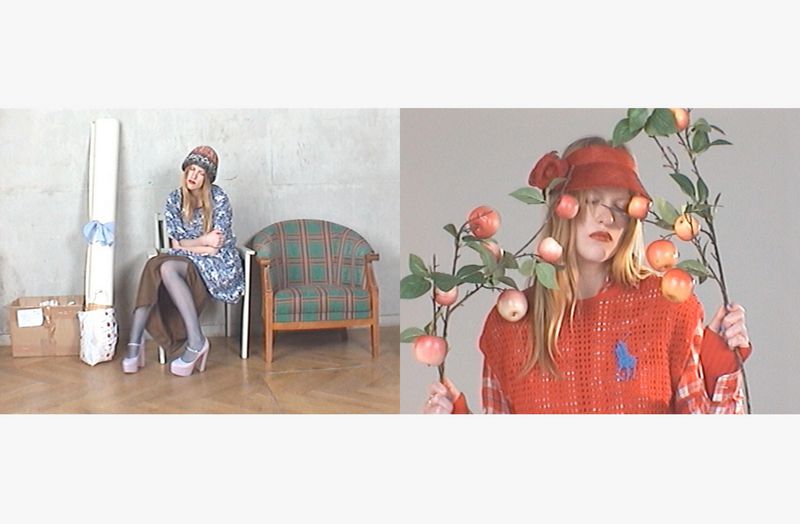 Diptych of Audrey Hobert posing beside a plaid armchair and holding apple branches for The Face Magazine.