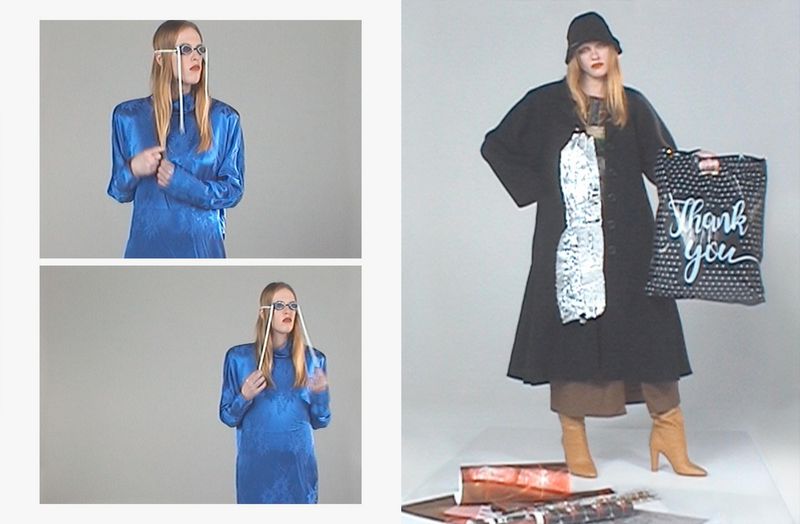 Editorial fashion layout featuring Audrey Hobert in a blue satin dress with goggles, and in a black coat holding a printed shopping bag.