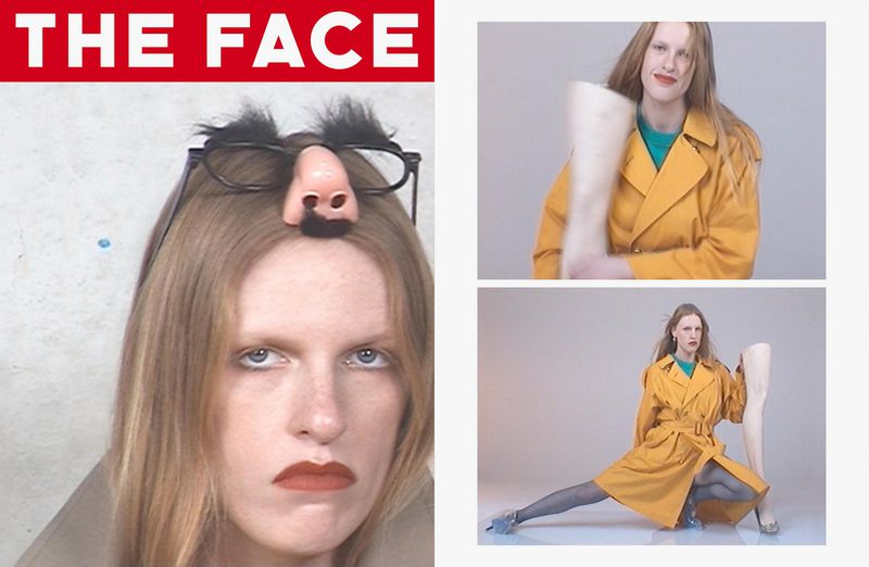 Split editorial image of Audrey Hobert wearing novelty glasses on head and a yellow trench coat holding a mannequin leg for The Face.