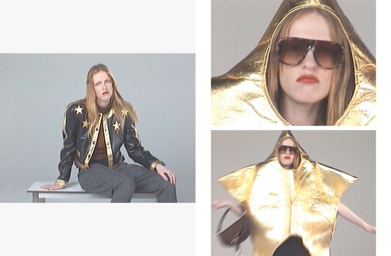 Audrey Hobert in a fashion editorial wearing a star leather jacket and a metallic gold star costume against a grey studio backdrop.