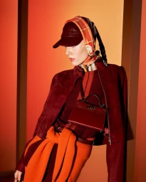 Model in burgundy leather cap and jacket holding a structured handbag against an orange gradient background
