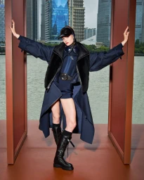 Model posing with outstretched arms between brown pillars wearing a navy blue trench coat, black vest, and tall boots before a city river.