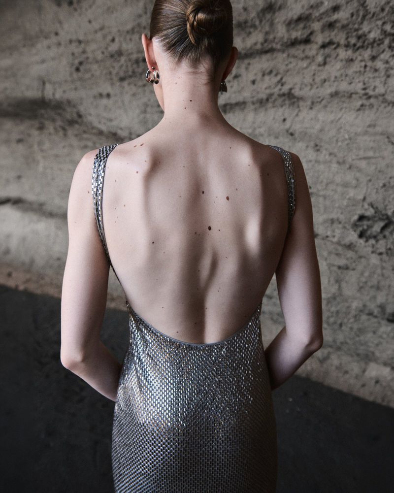Woman seen from behind wearing an open back metallic silver chainmail gown with hair styled in a sleek bun against a textured rock wall.