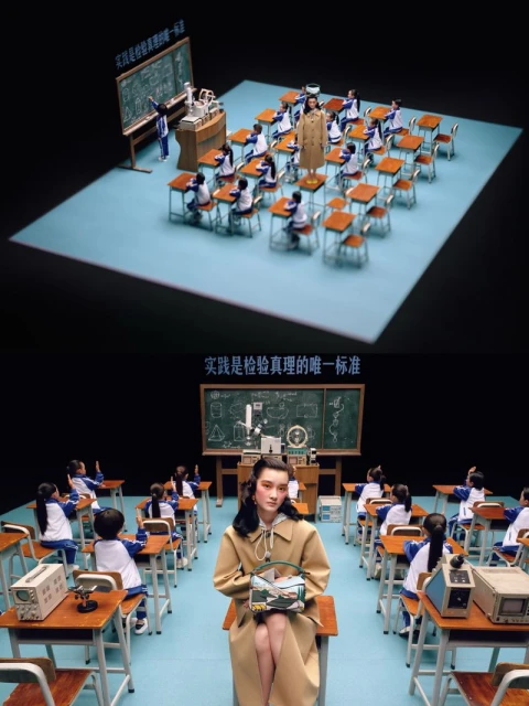 Conceptual image features a woman in a classroom with rows of child mannequins, a chalkboard, and vintage electronics, creating an eerie scene.