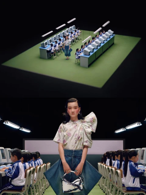 Woman poses with handbag amid rows of children at computers in a surreal setup with bright lighting and retro-style technology.