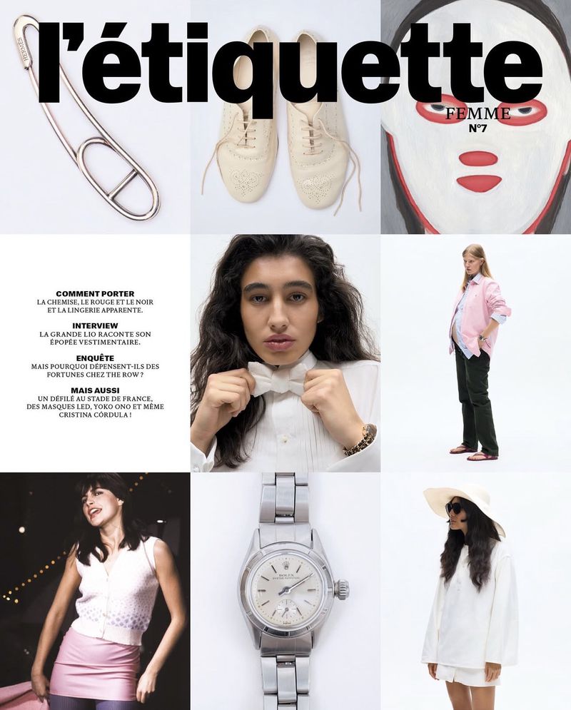 Magazine cover collage featuring fashion portraits, text teasers, accessories, a wristwatch, and footwear in a nine-panel grid.