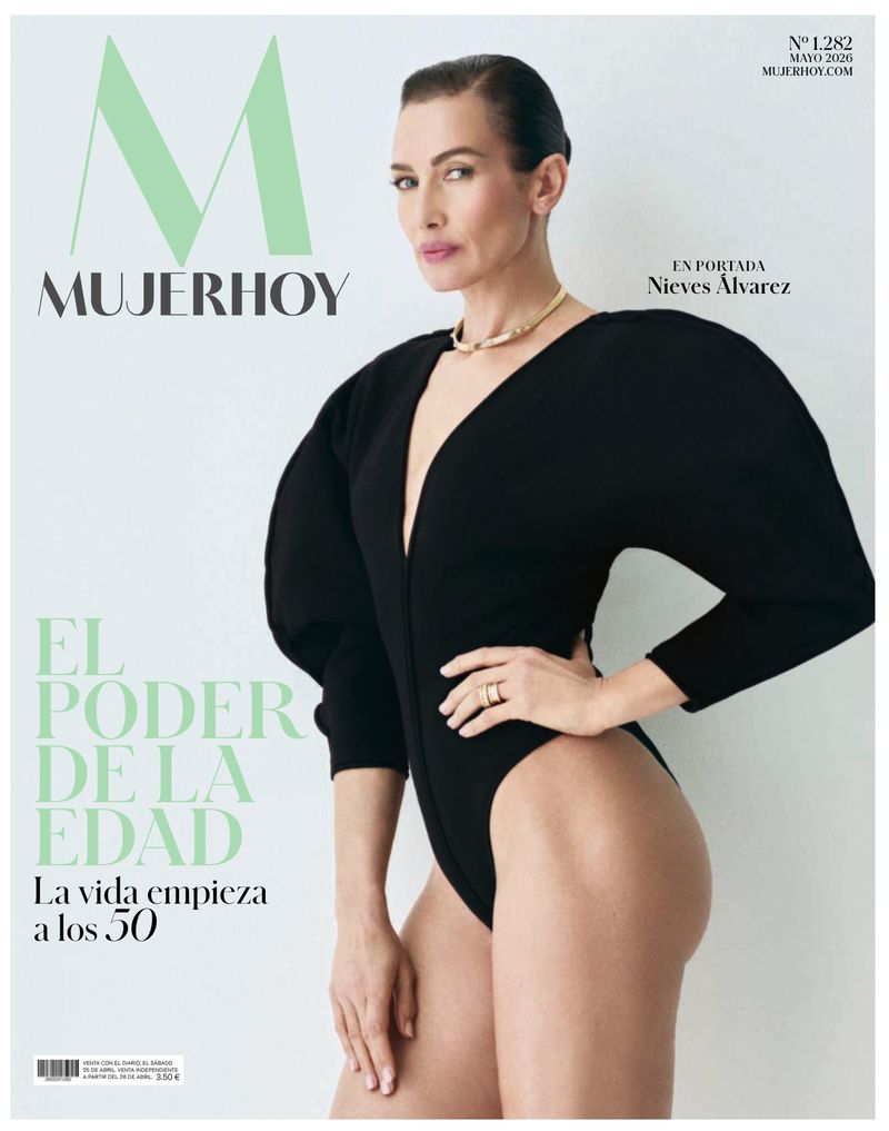 Model Nieves Álvarez wearing a black sculptural long-sleeve bodysuit on the cover of Mujer Hoy magazine.