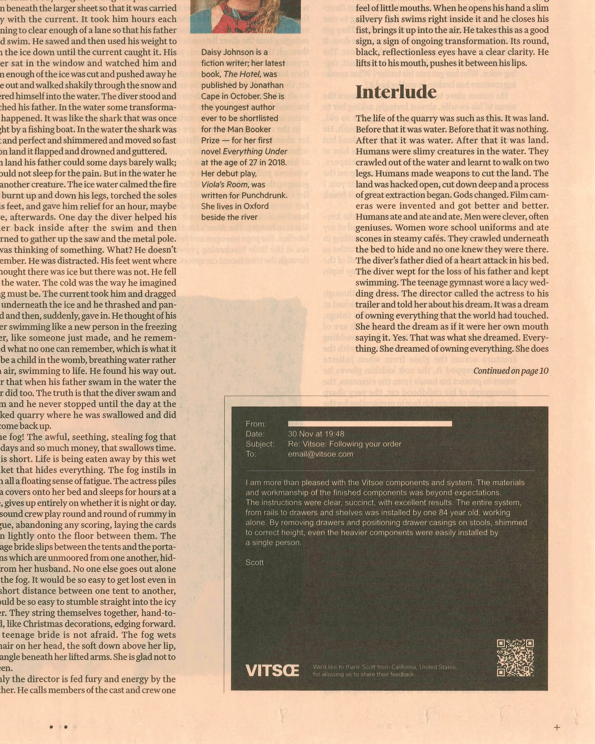 Printed editorial publication page featuring columns of text and a dark inset testimonial box for Vitsoe with a QR code.