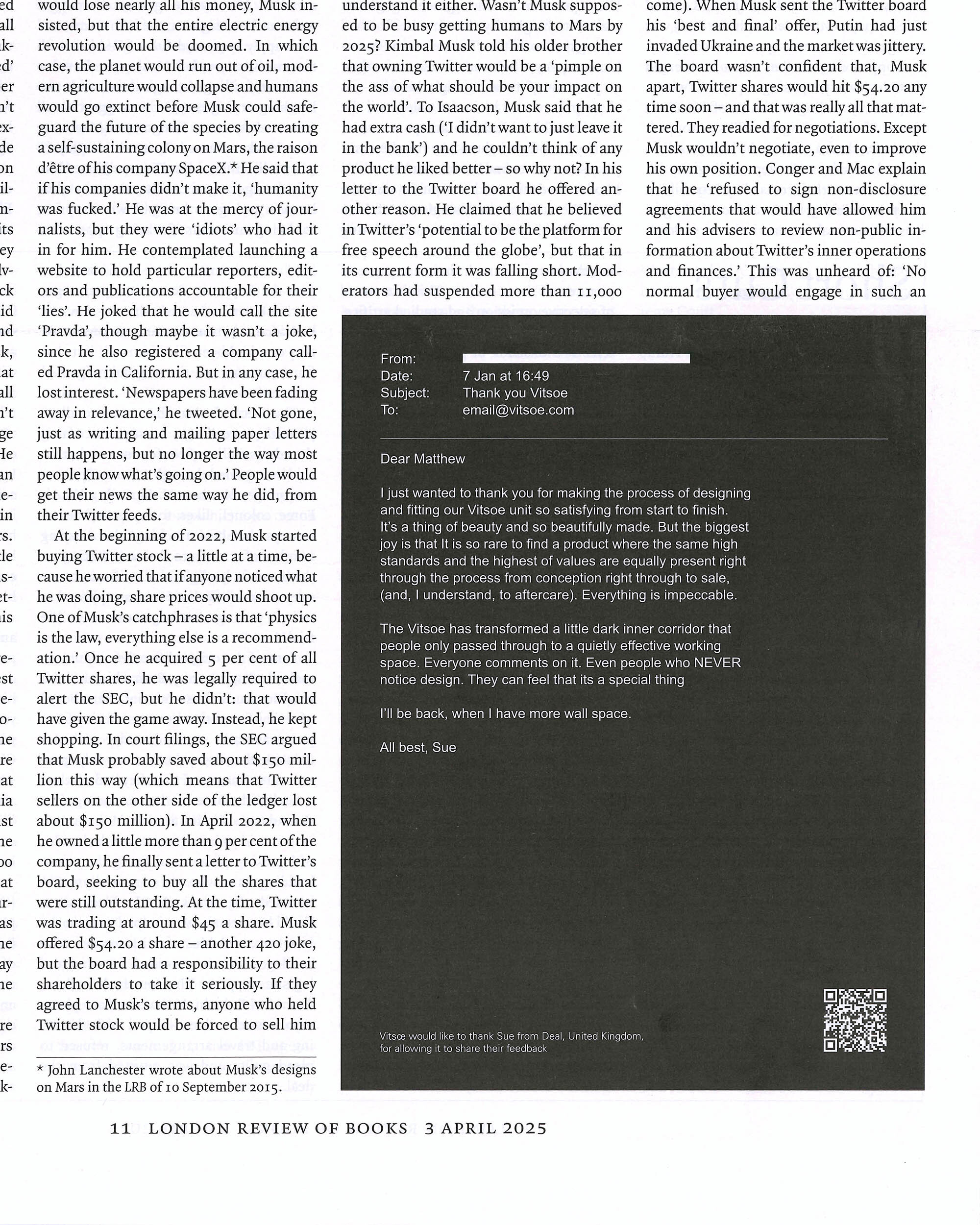 Print magazine page with body text columns alongside a black rectangular advertisement box featuring a customer email to Vitsoe.