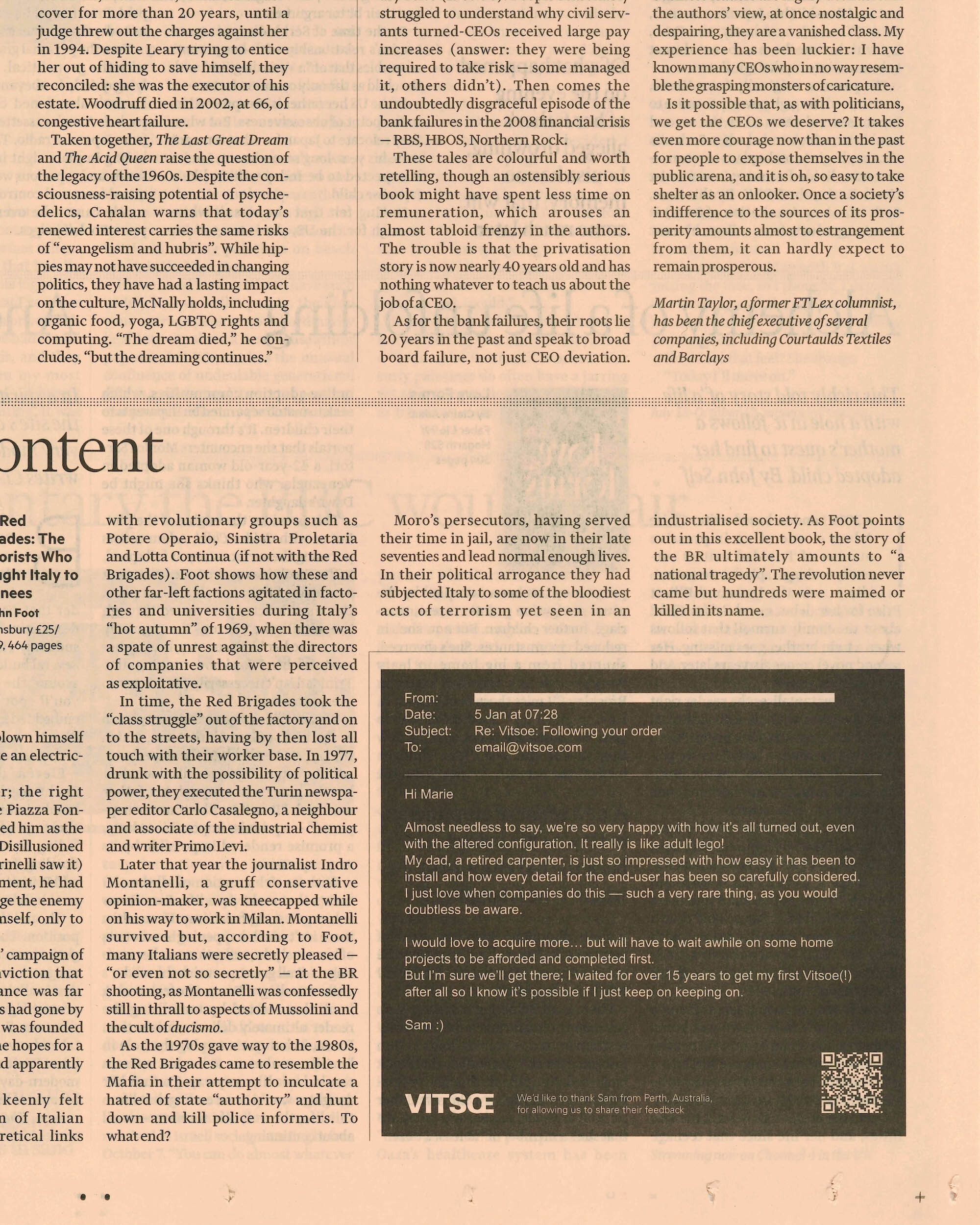 Newspaper editorial page featuring a dark rectangular print advertisement and testimonial for Vitsoe furniture.