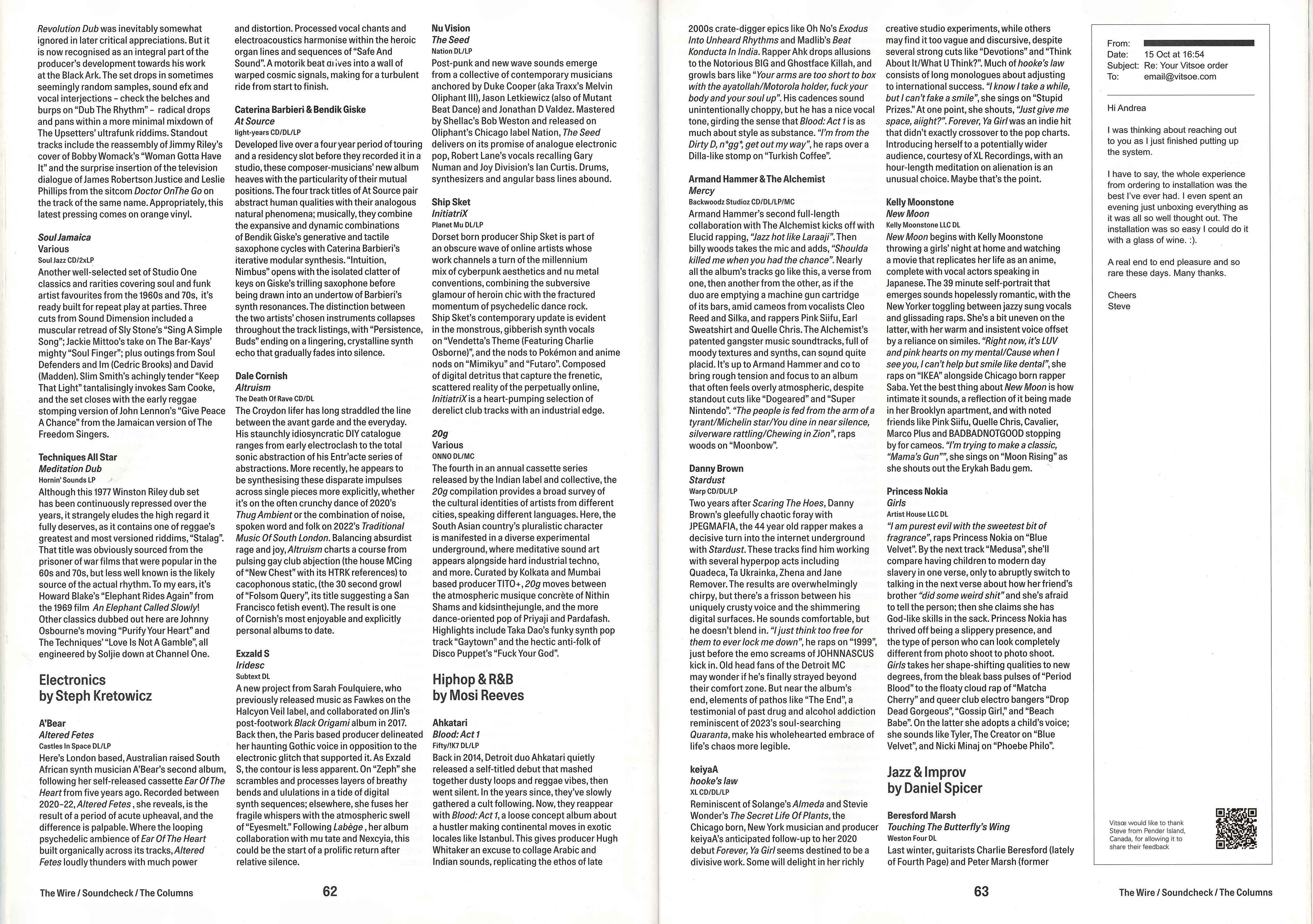 A two-page print magazine spread with multiple columns of review text and an embedded email customer review on the right page.