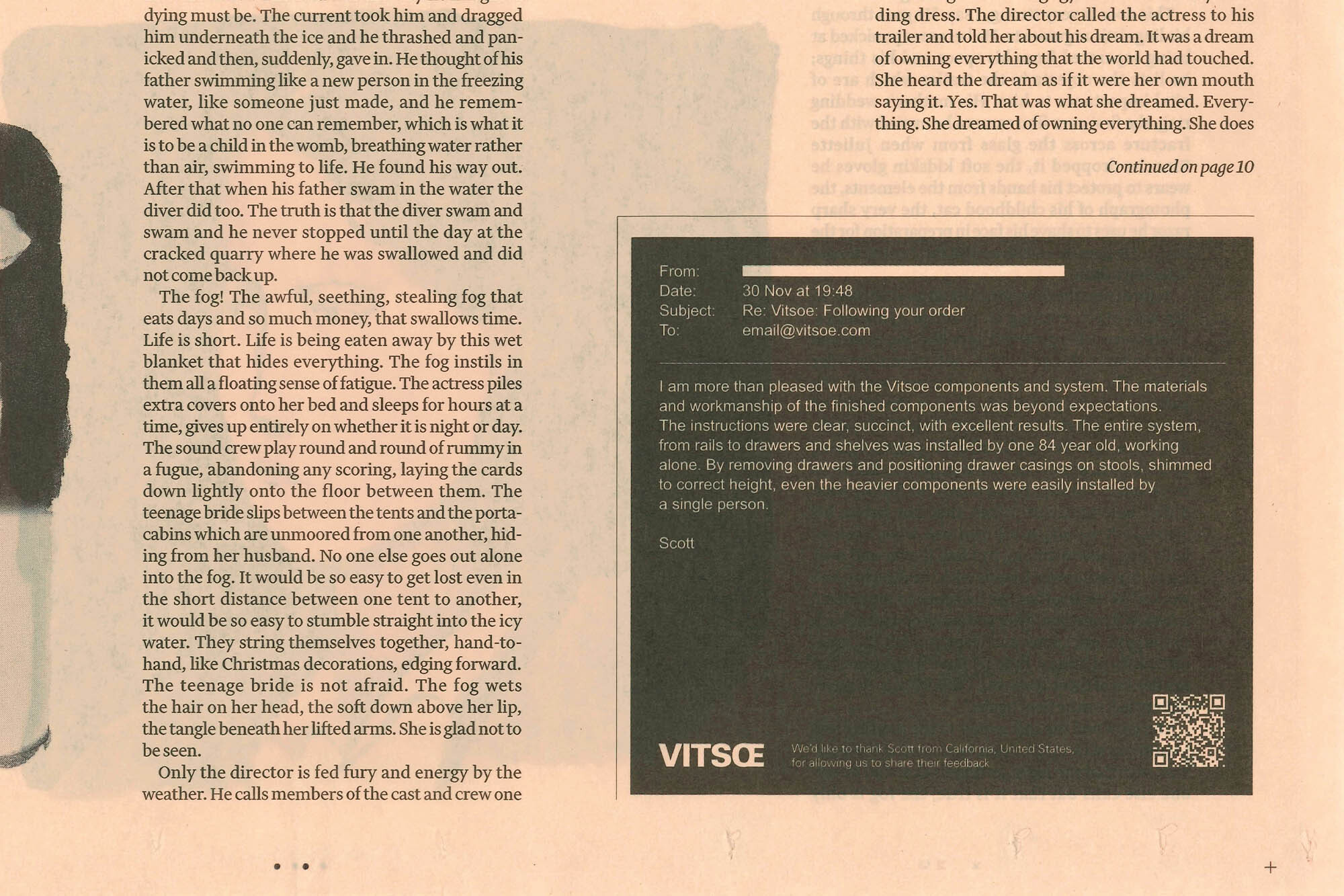 Printed editorial publication page featuring columns of story text and an inset dark gray Vitsoe email testimonial graphic.