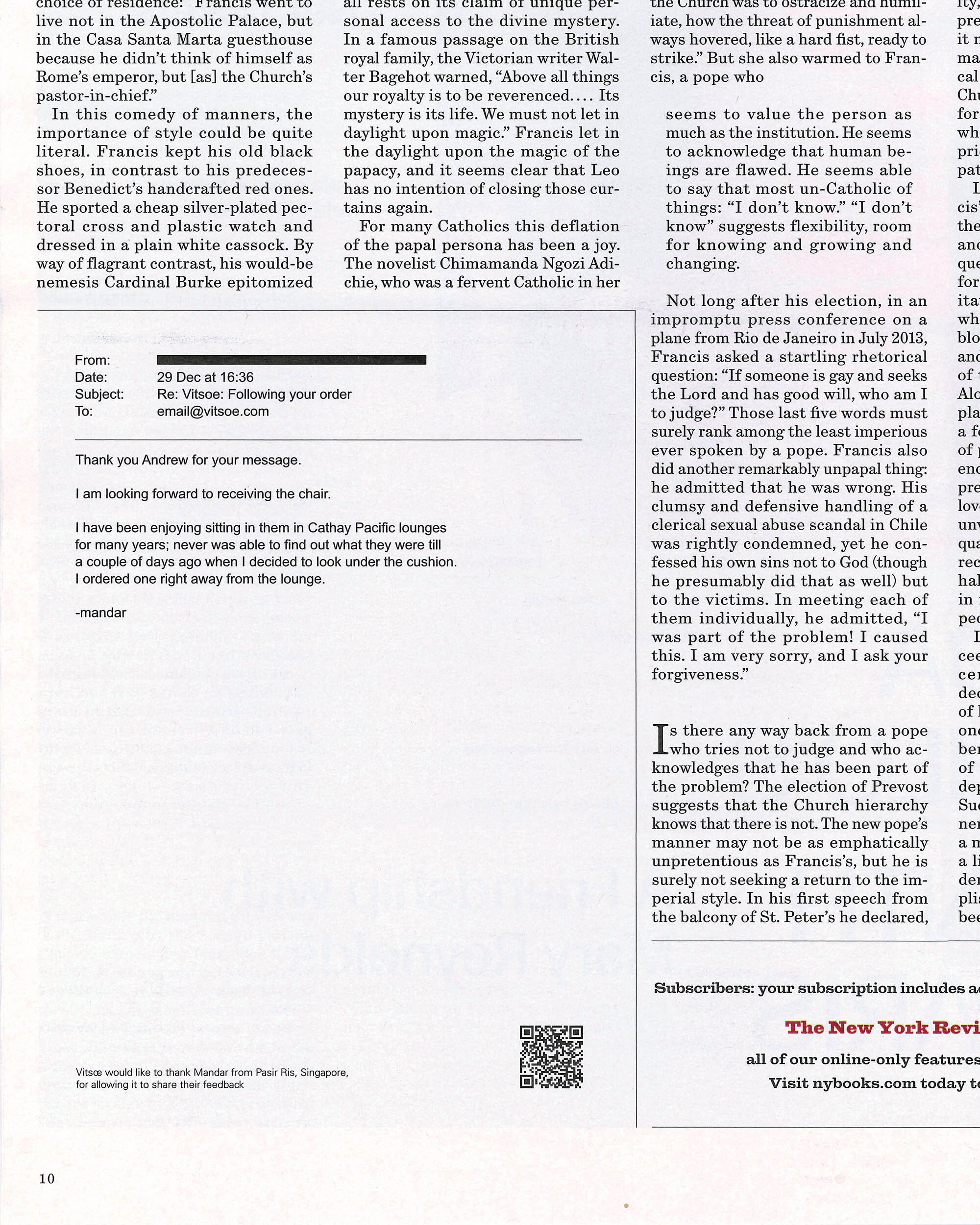 A print publication page featuring a boxed email testimonial ad for Vitsoe embedded within newspaper columns of article text.