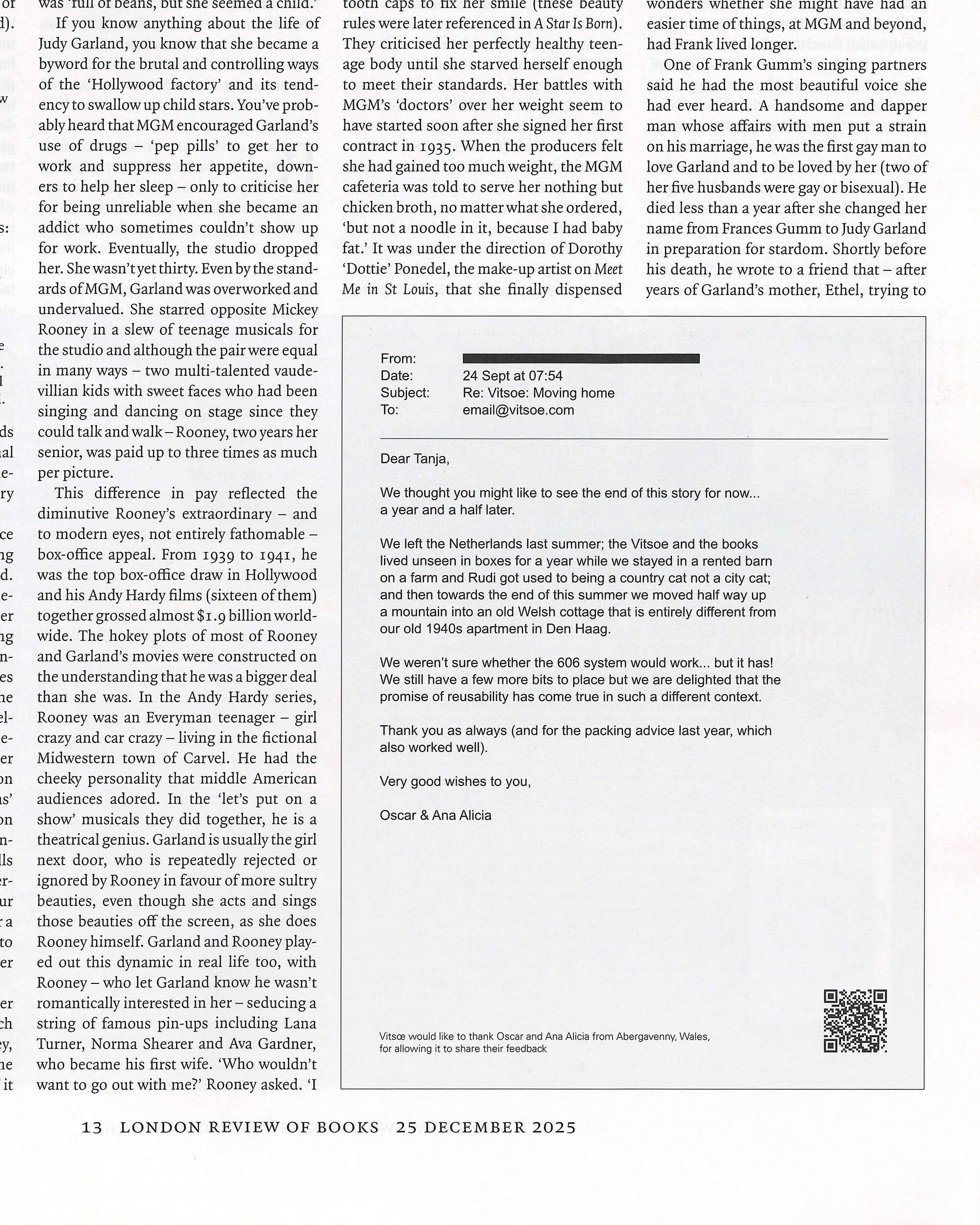 Printed publication page featuring columns of editorial text and an inset customer email testimonial for Vitsoe design.