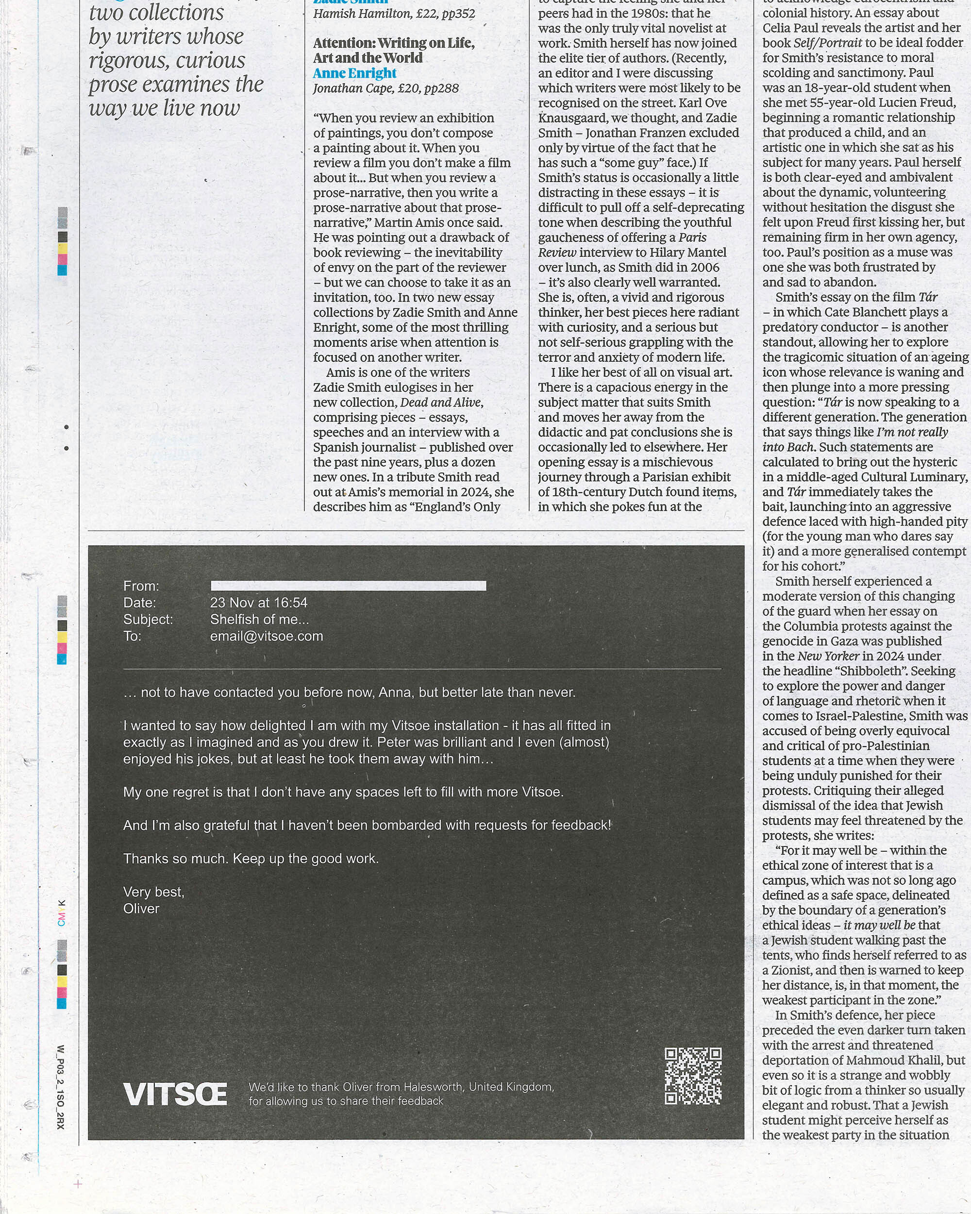 Printed newspaper page featuring a black Vitsoe email testimonial advertisement box alongside columns of editorial text.