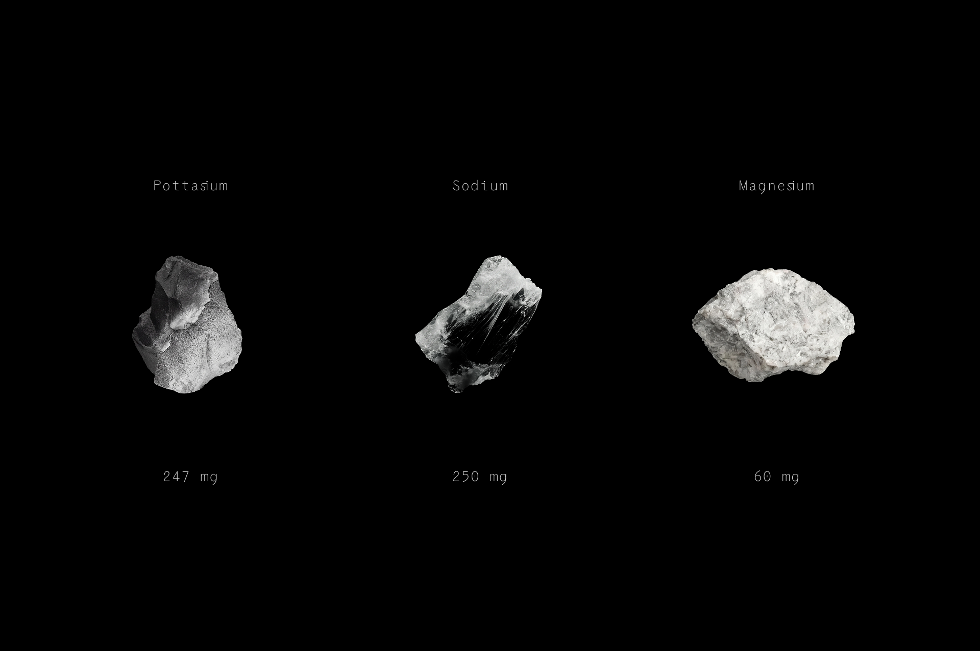 Three mineral specimens labeled Potassium, Sodium, and Magnesium with milligram values centered on a solid black background.