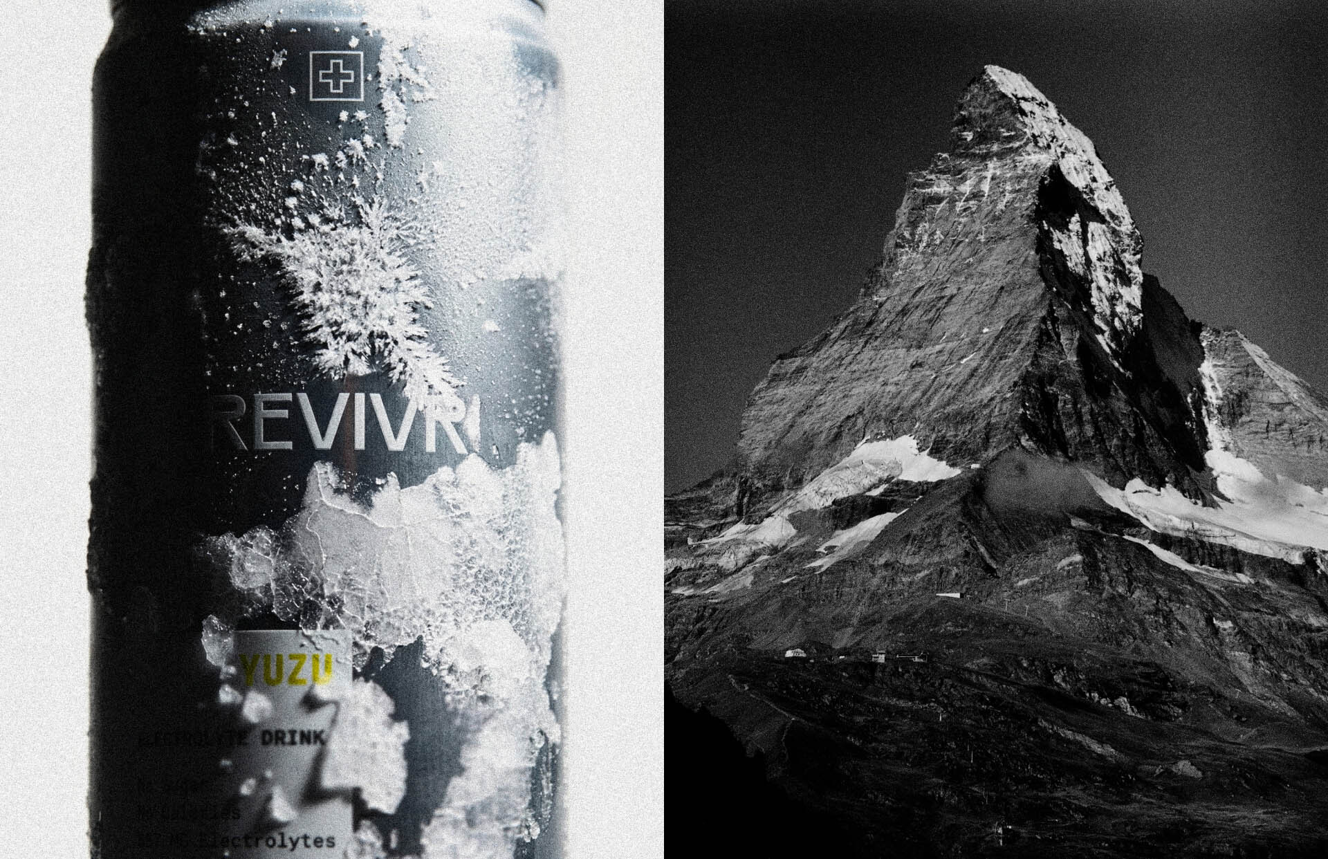 Split diptych featuring a frosted REVIVR beverage can beside a black and white mountain peak.