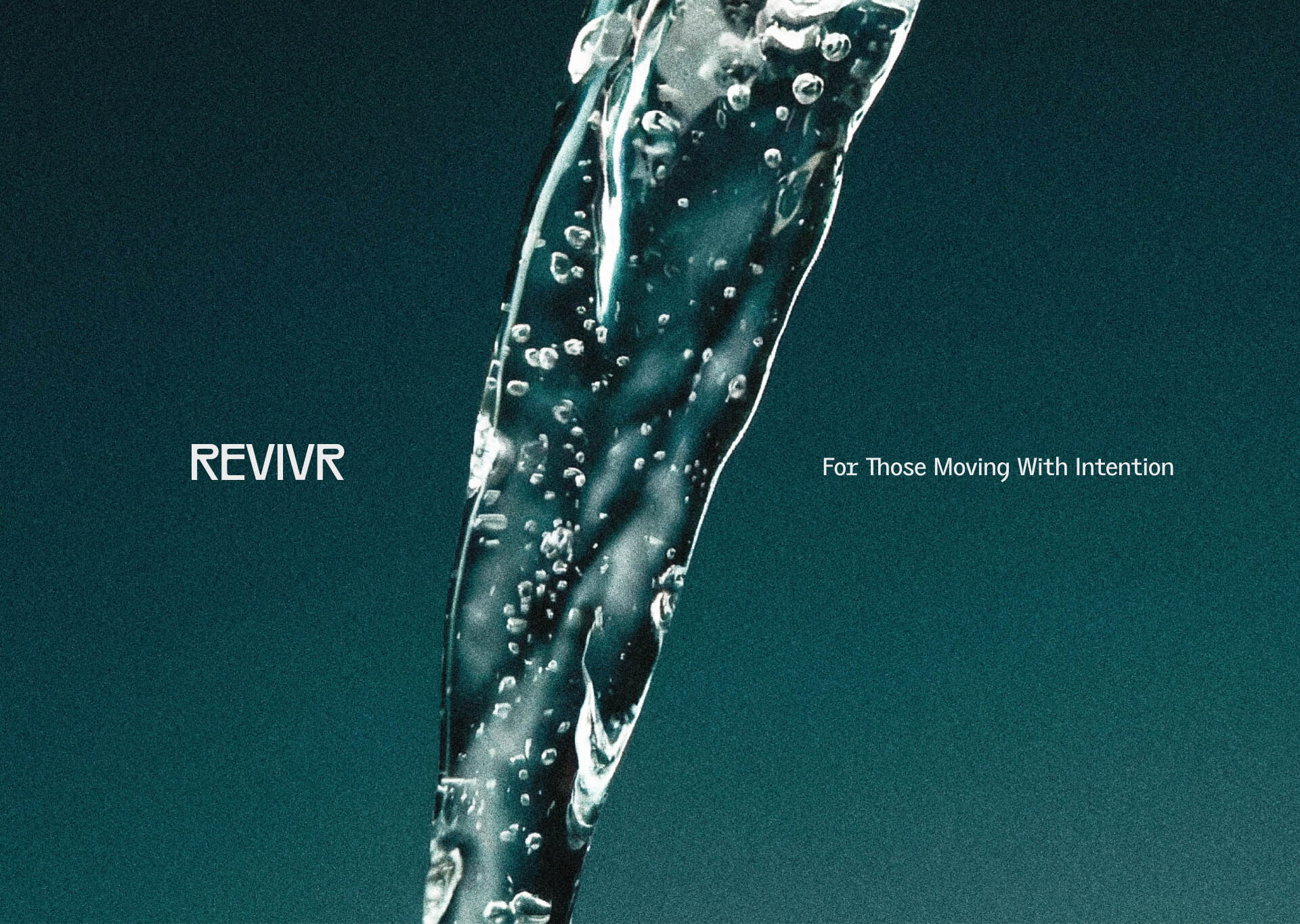 A clear stream of bubbling water flows against a textured dark teal backdrop with white typography reading REVIVR.