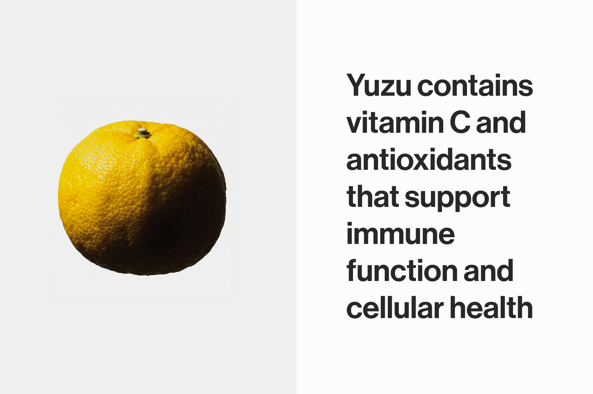 A textured yellow yuzu fruit lit against an off-white background with bold black typography explaining its vitamin C benefits.