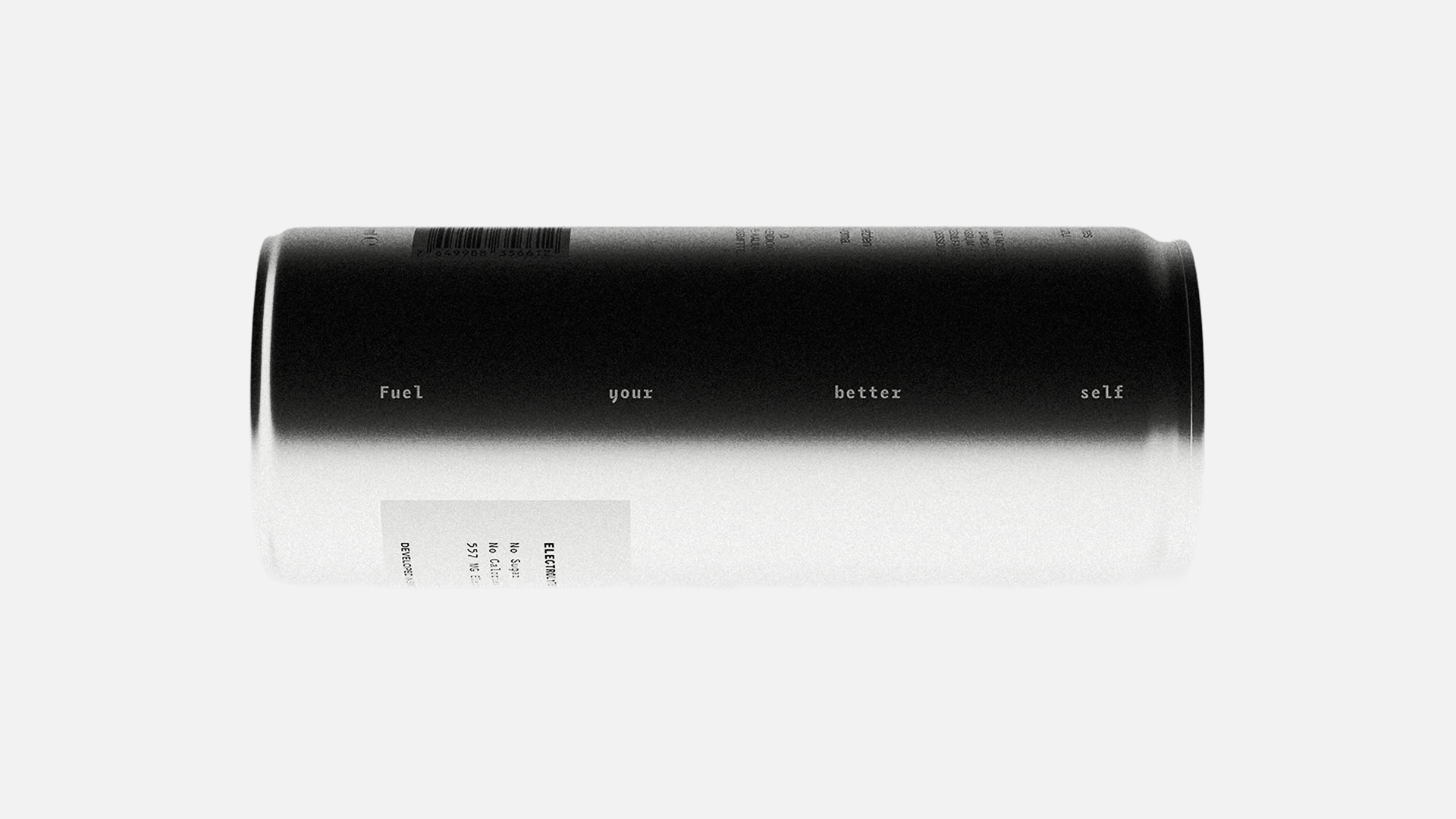 A sleek silver and black aluminum beverage can lying horizontally on a clean white surface with typography reading Fuel your better self.
