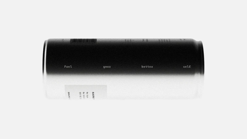 A sleek silver and black aluminum beverage can lying horizontally on a clean white surface with typography reading Fuel your better self.